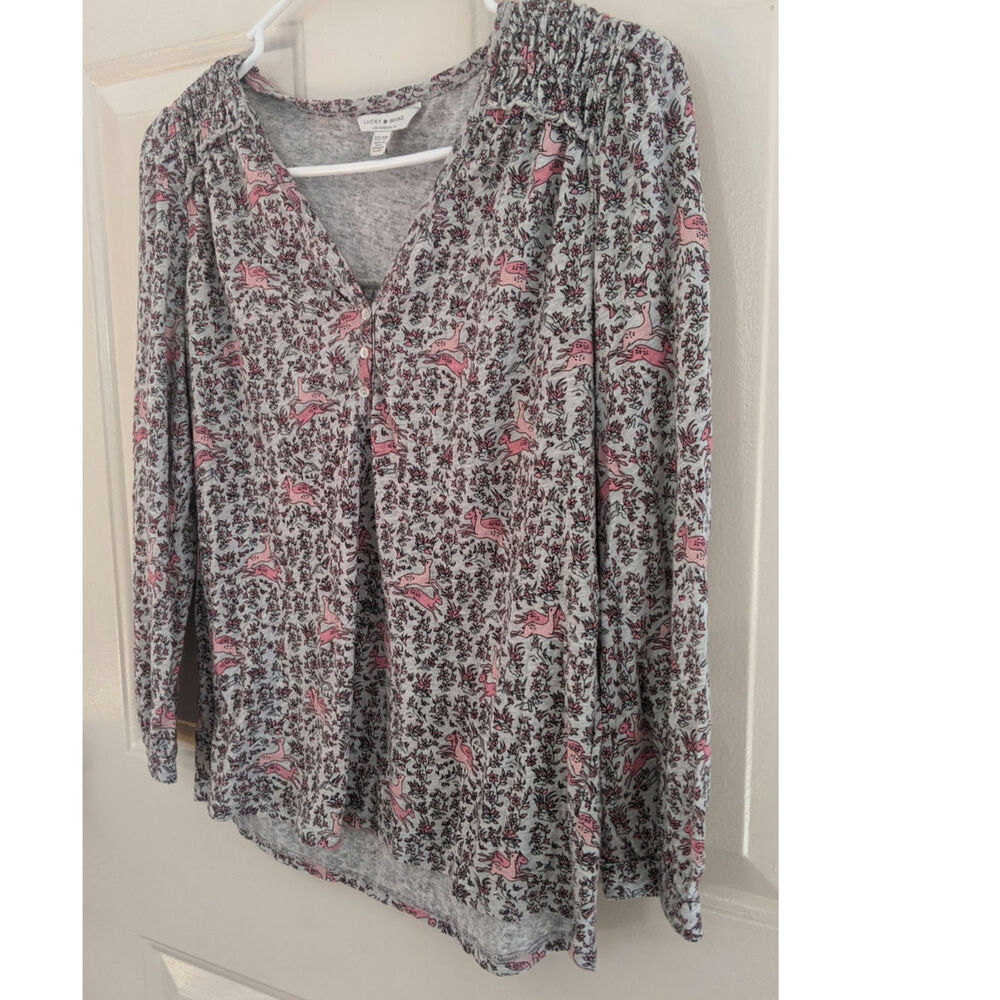 Lucky Brand Smocked Peasant Shirt, Pink White, Gray Deer Print, XS Boho Y2K